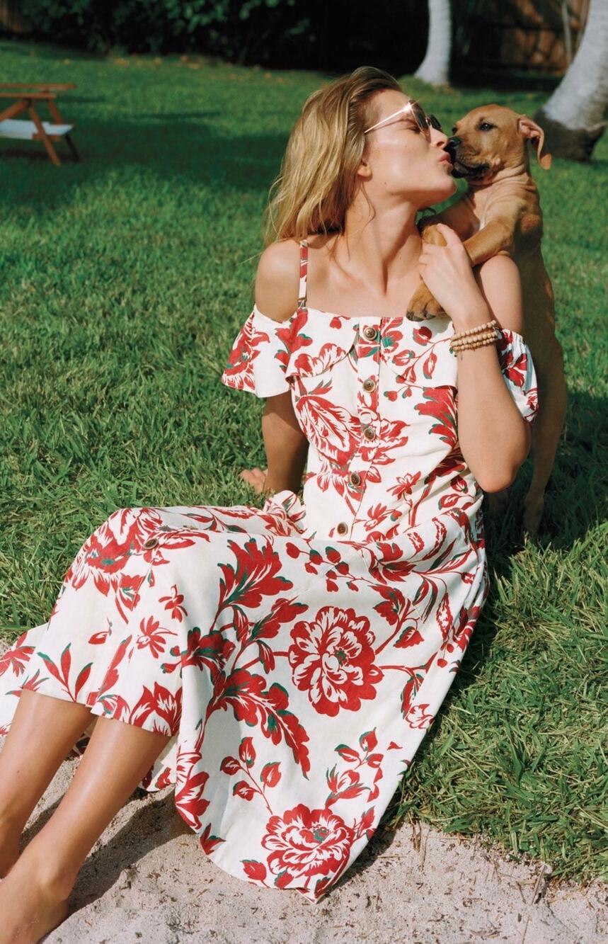 Anthropologie Midi Dress Oahu Linen Blend Red Floral Ruffle Bust size 10